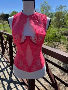 Victoria's Secret Hot Pink Lace and Mesh High Neck Bustier Corset